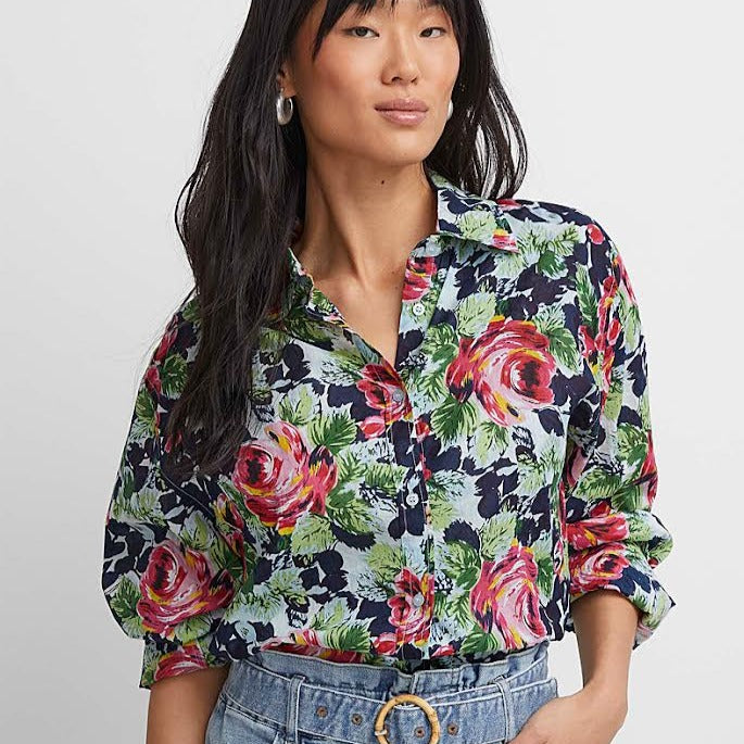 MAGAZINE Roll Long Sleeve Button Down Blouse - Navy Floral