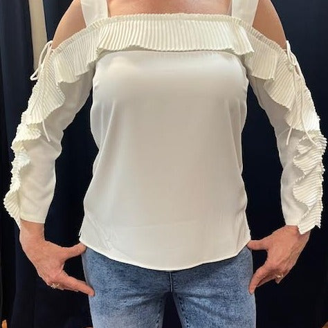AZI Melania Ruffle Long Sleeve Blouse - White