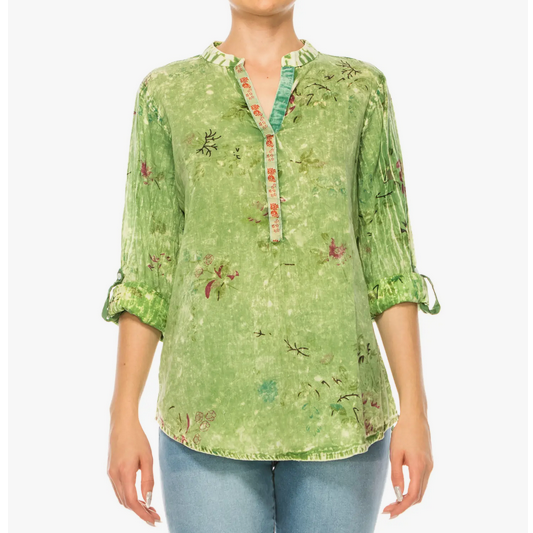 MAGAZINE Roll Long Sleeve Half-placket Button Down Blouse - Sage Green Floral