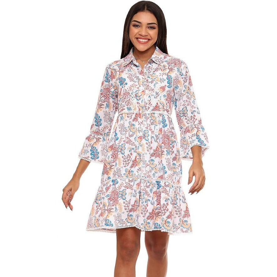 PARSLEY & SAGE Embroidered Bell Sleeve Dress - Blue/Red Floral Print