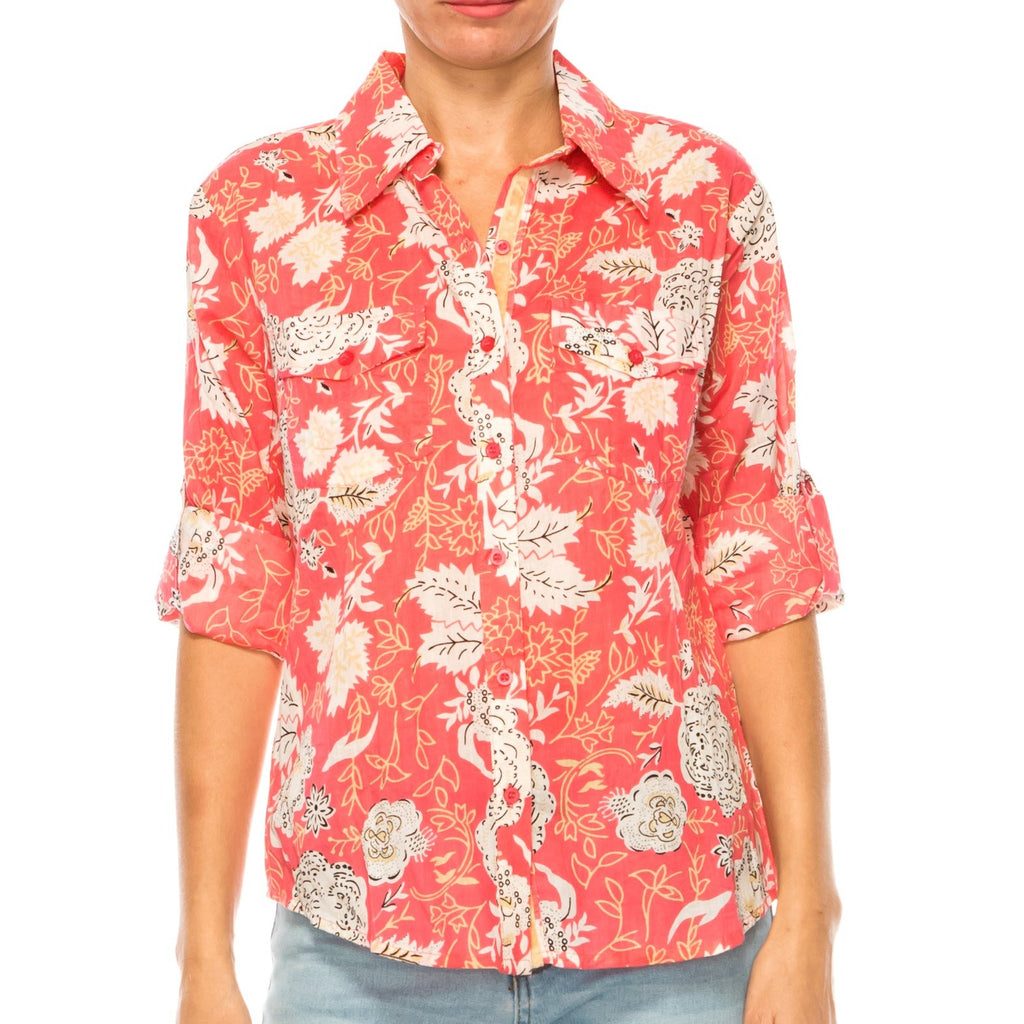 MAGAZINE Roll Long Sleeve Button Down Blouse - Coral Floral