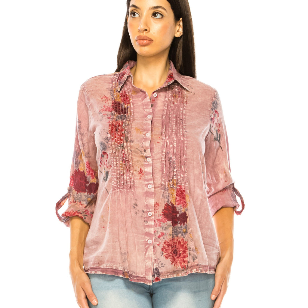 MAGAZINE Roll Long Sleeve Button Down Blouse - Dusty Pink Floral
