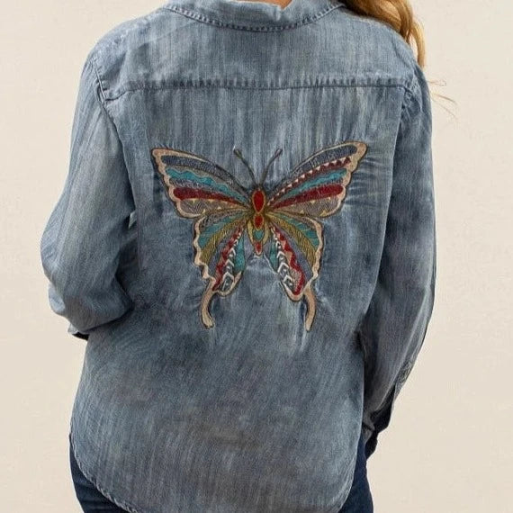 CAITE & KYLA Denim Kori Shirt with Butterfly Embroidery