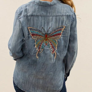 CAITE & KYLA Long Sleeve Denim Kori Shirt with Butterfly Embroidery
