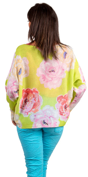 GIGI MODA Batwing Mesh Rose Print Sweater - Lime
