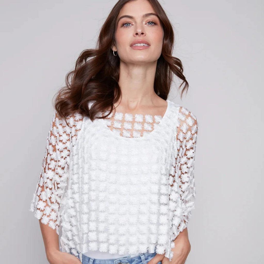 CHARLIE B Flower Embroidery Blouse White