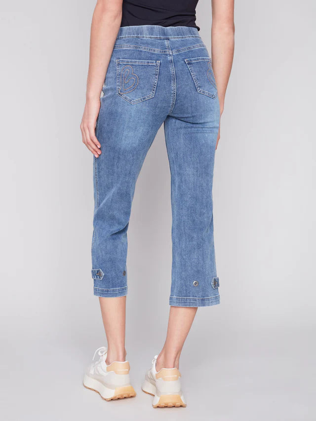 CHARLIE B Cropped Pull-On Jeans with Hem Tab - Medium Blue