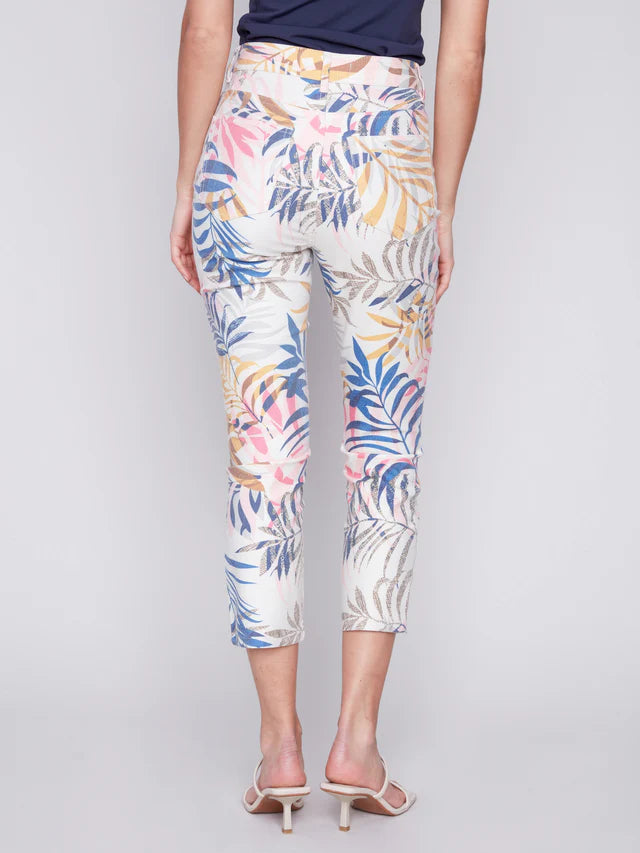 CHARLIE B Crop Twill Pants with Zipper Detail - Leaf Multi-colored Print
