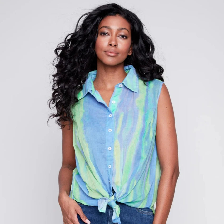 CHARLIE B Sleeveless Front Tie Cotton Shirt - Blue/Green Water Color Print