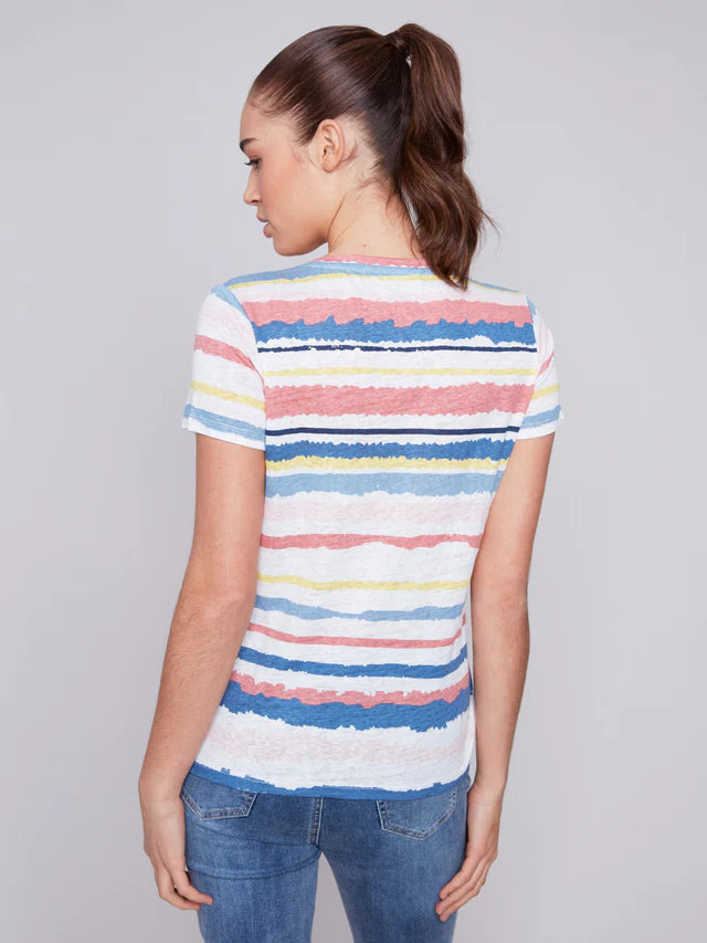 CHARLIE B V-Neck Linen T-Shirt - Multi-colored Stripe Print