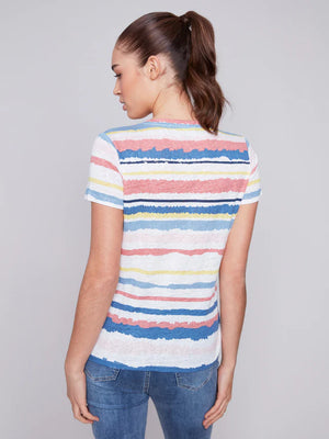 CHARLIE B V-Neck Linen T-Shirt - Multi-colored Stripe Print