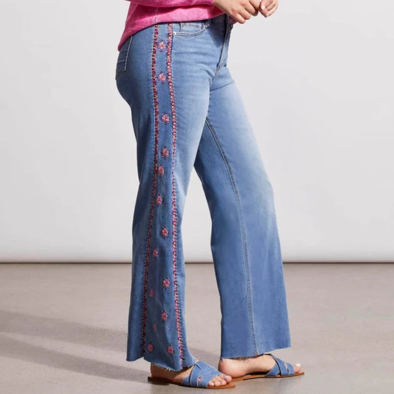 TRIBAL Brook Jeans with Pink Side Embroidery - Denim