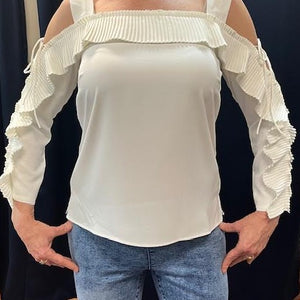 AZI Melania Ruffle Long Sleeve Blouse - White