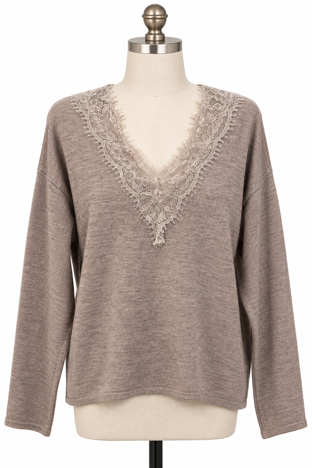HYFVE- Taupe Long Sleeve w/ Lace Trim