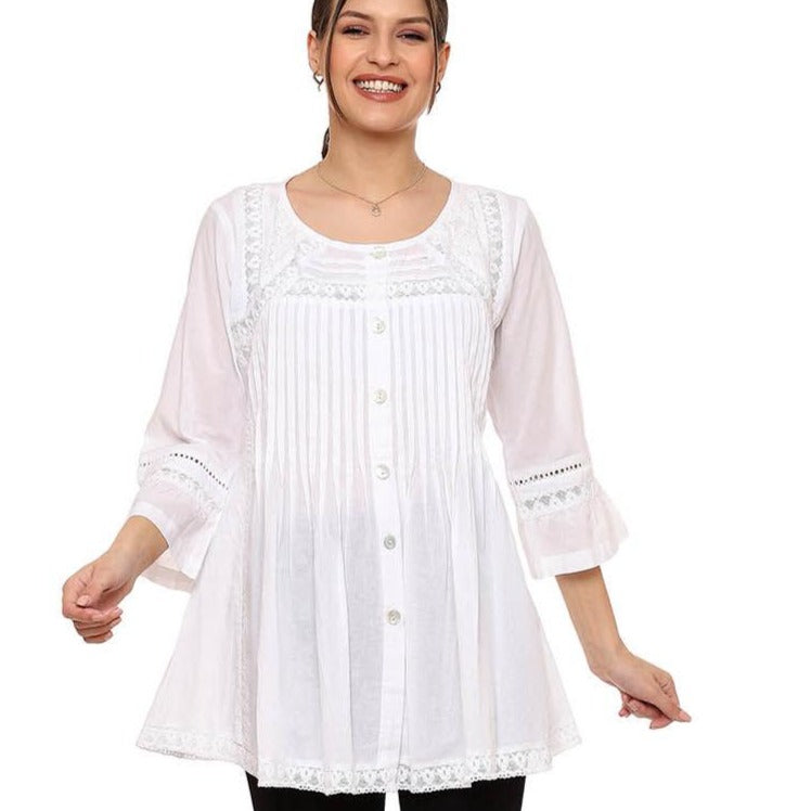 PARSLEY & SAGE Pleating Lace Tunic Blouse - White