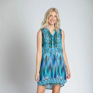 APNY Sleeveless 1/2 Button-up Dress - Blue/Green Brushstrokes Print