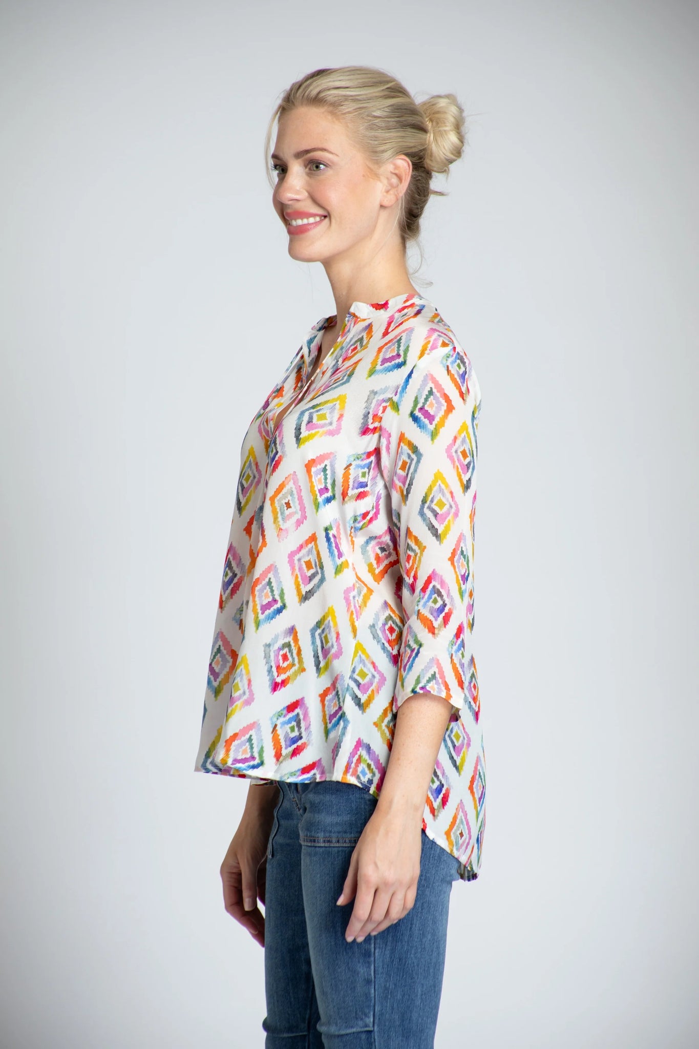 APNY V-neck Blouse with Tassels - Geo Multi-colored Print -
