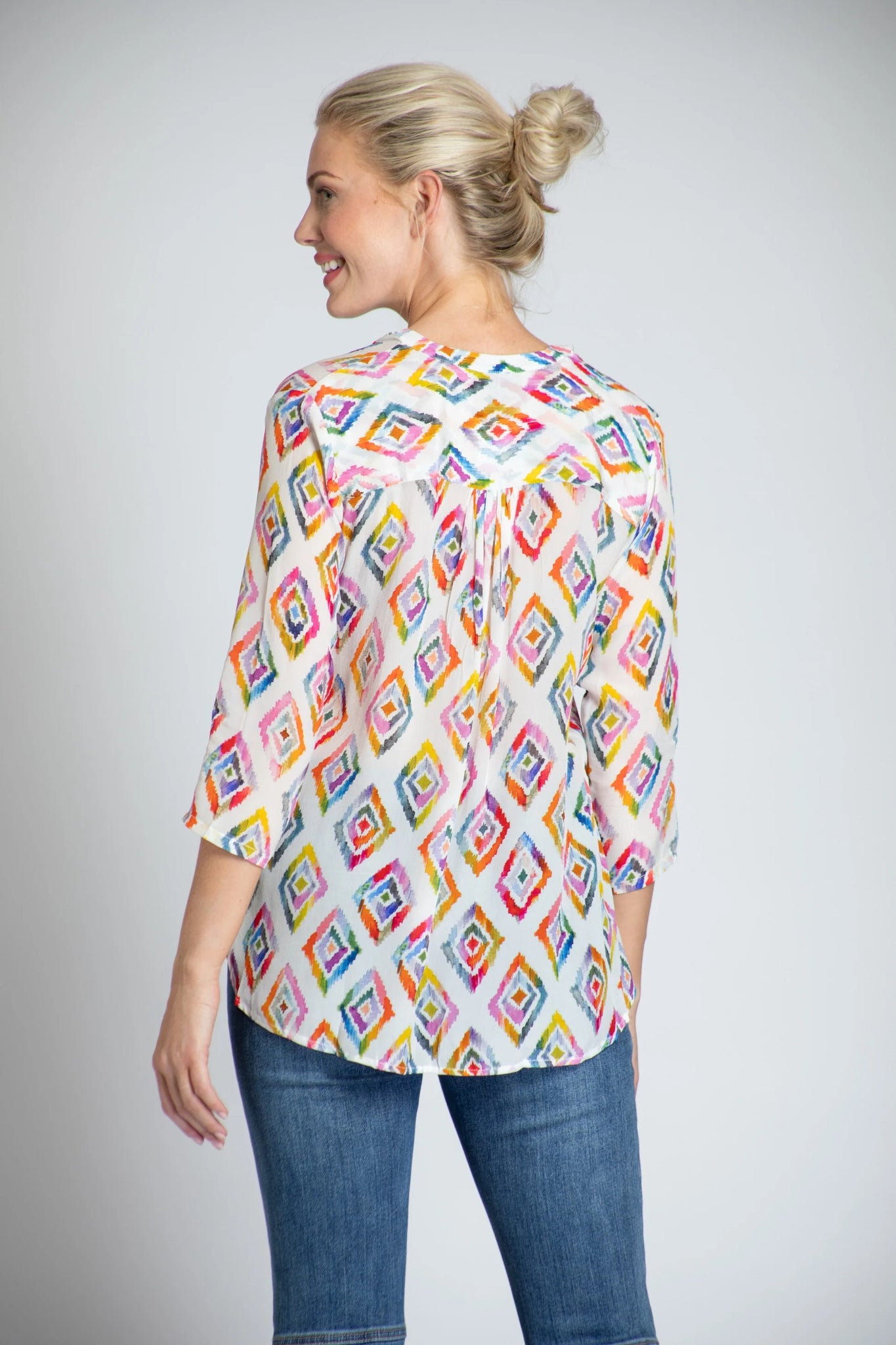 APNY V-neck Blouse with Tassels - Geo Multi-colored Print