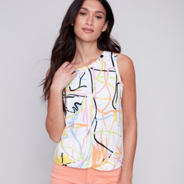 CHARLIE B Organic Cotton Sleeveless Shirt with Knot Detail - Multi-colored Graffiti