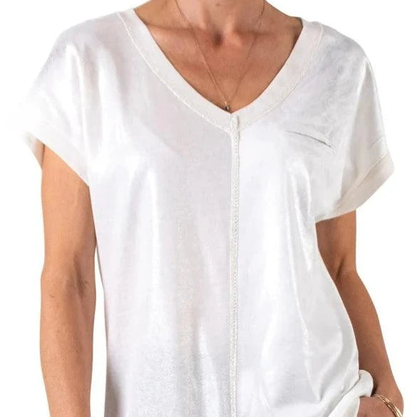 GIGI MODA Ferno Two-Tone V-Neck T-Shirt - Off White