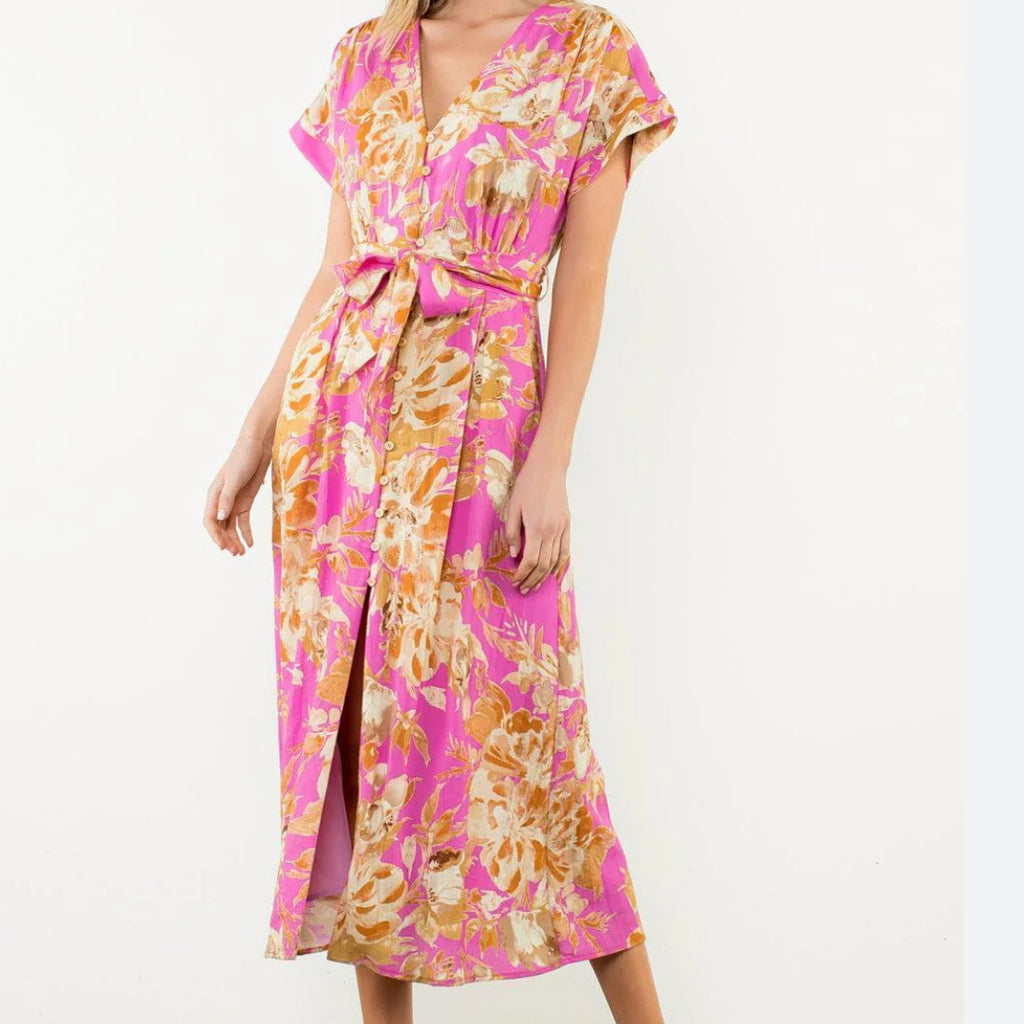 THML - Flower Pink & Gold Print Long Dress - SALE ITEM
