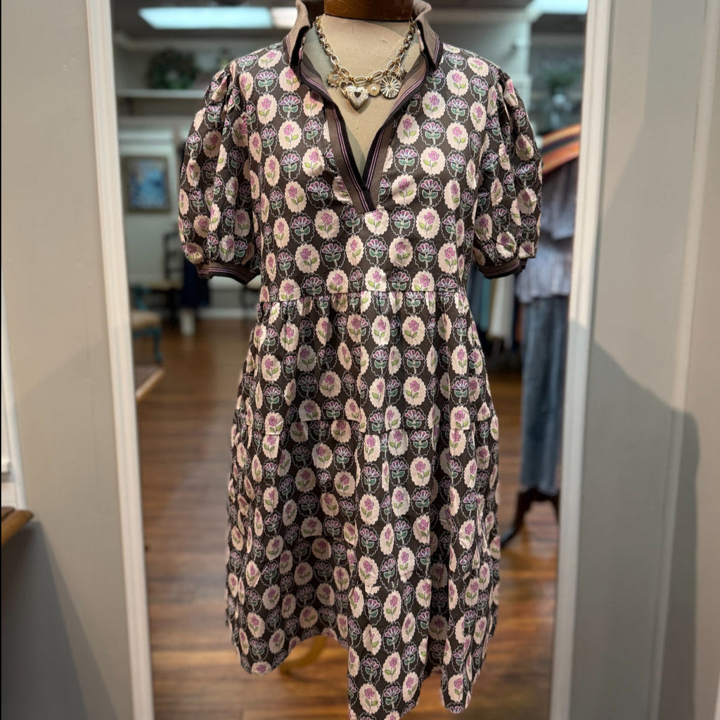 SHE + SKY - Rib Collar Puff Sleeve Dress