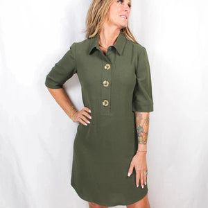 LUXOLOGY Button Elbow Sleeve Dress - Olive Green