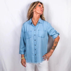 HESTERS & ORCHARD Long Sleeve Frayed Tencil Shirt - Medium Blue