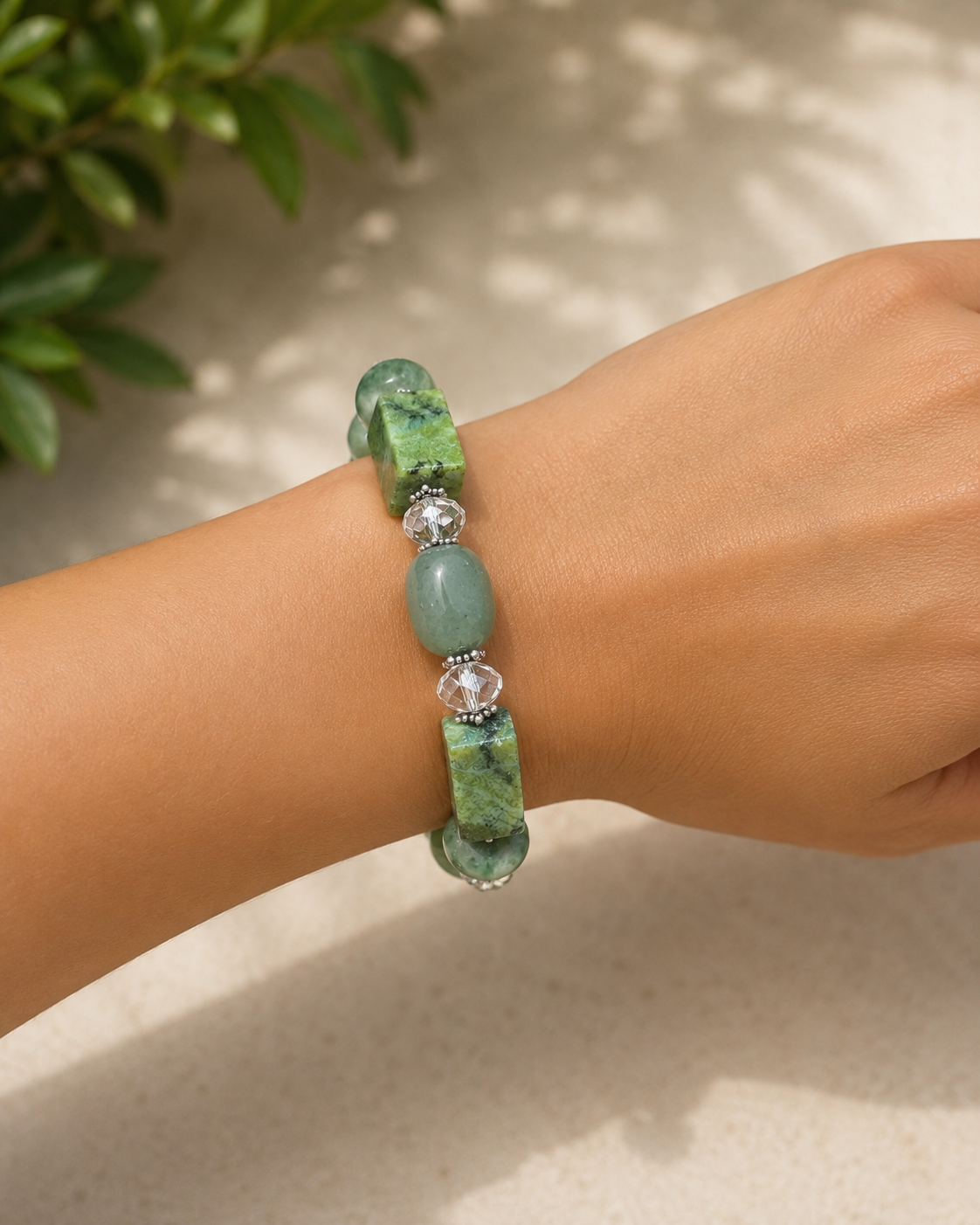 #4 In Step Fashions-Sterling Silver Multi Green Beaded Bracelet