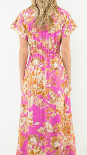 THML - Flower Pink & Gold Print Long Dress - SALE ITEM