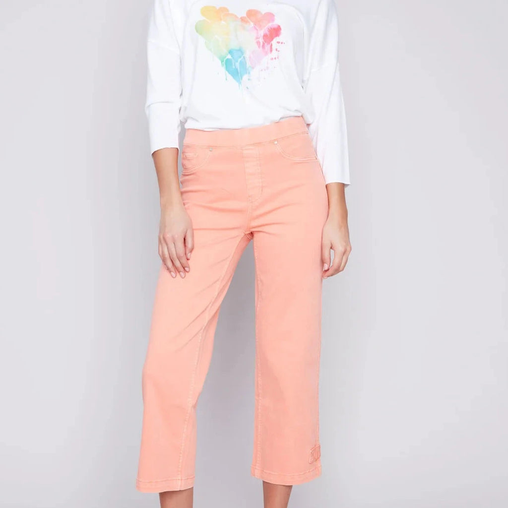CHARLIE B Cropped Pull-On Twill Jean Pant with Hem Tab - Tangerine