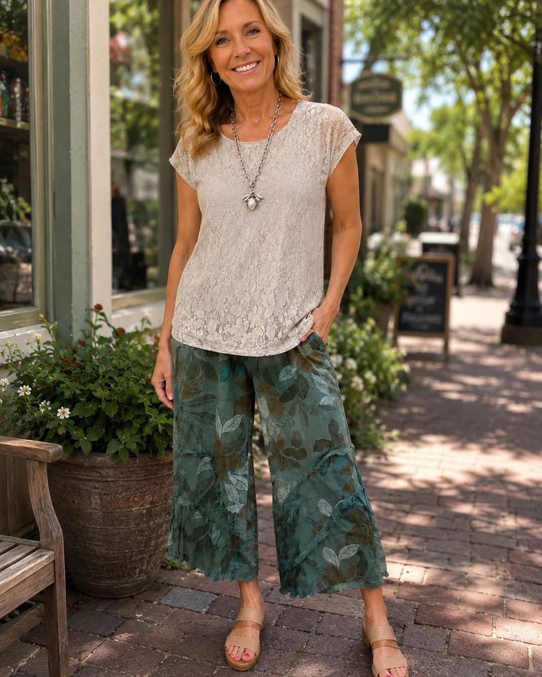 LOOKMODE- Lace Cap Sleeve Top
