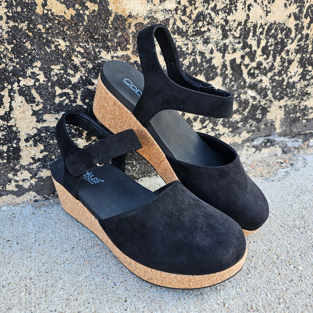 CORKY - Black Suede Wedge