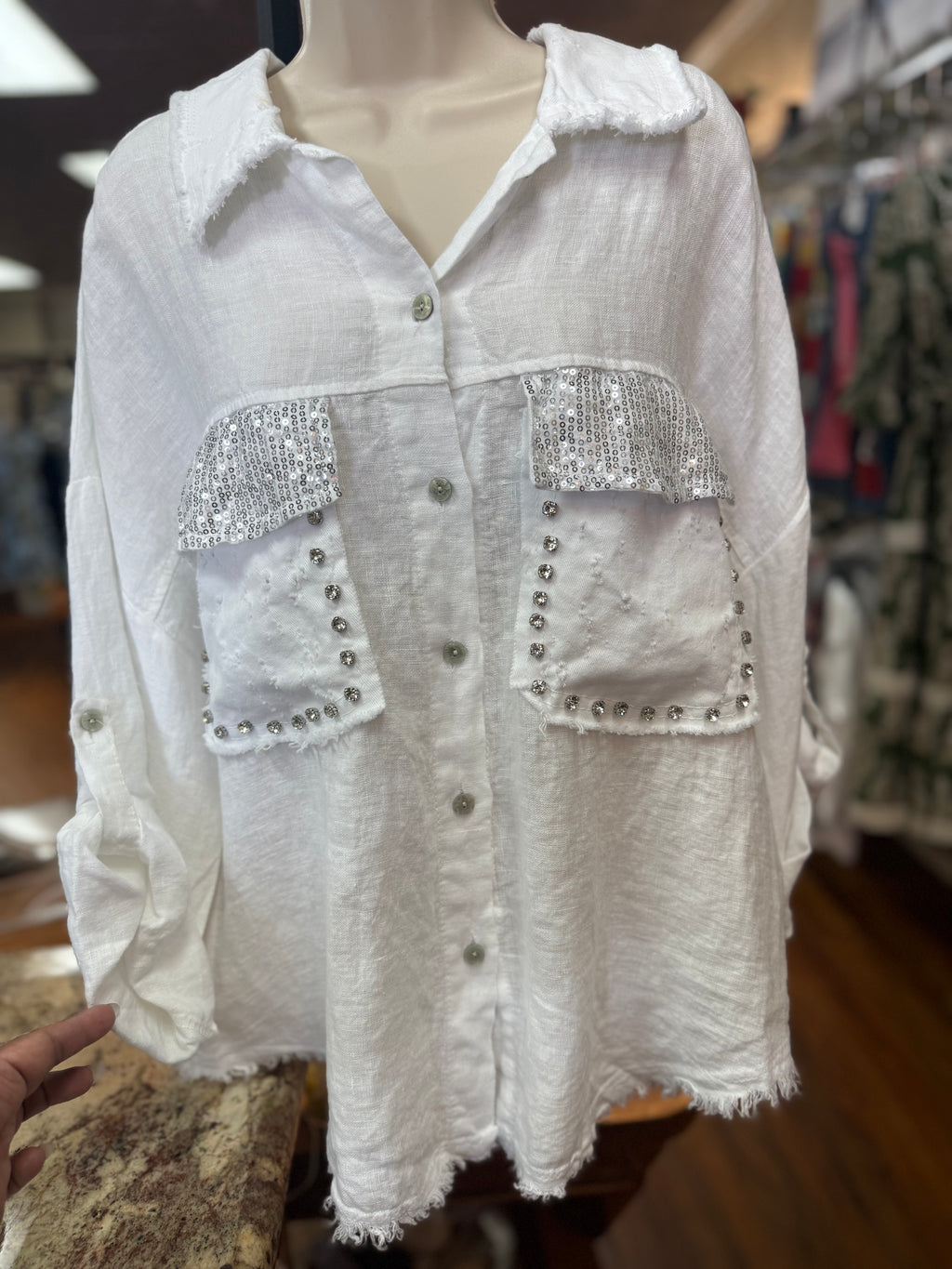 LOVE TOKEN - Silvia - White Shimmer Pocket Blouse