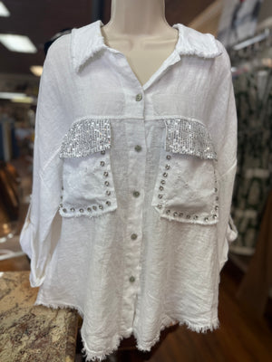 LOVE TOKEN - Silvia - White Shimmer Pocket Blouse
