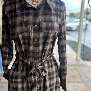 SHE & SKY - Long Hi-Low Brown Plaid Shacket