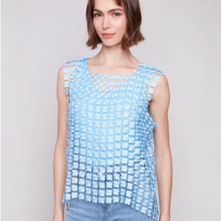 CHARLIE B BLUE CHOCHET FLOWER TOP