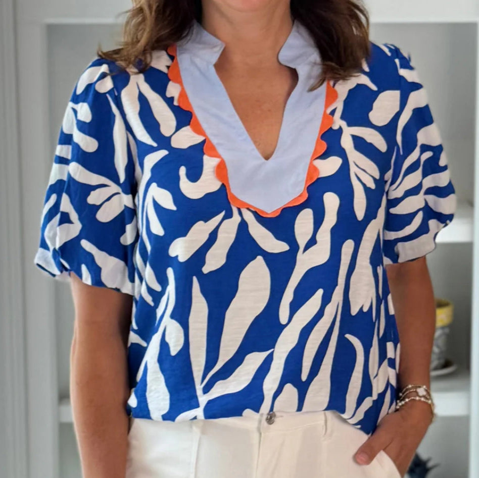 THML - Blue & White Puffy Sleeve Top