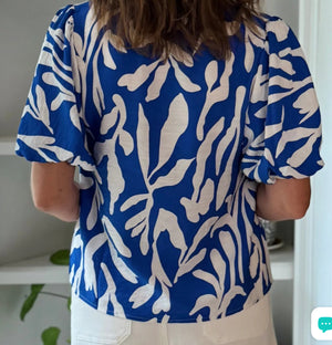 THML - Blue & White Puffy Sleeve Top