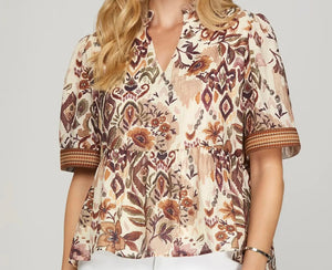 SHE & SKY - Mocha Print Top