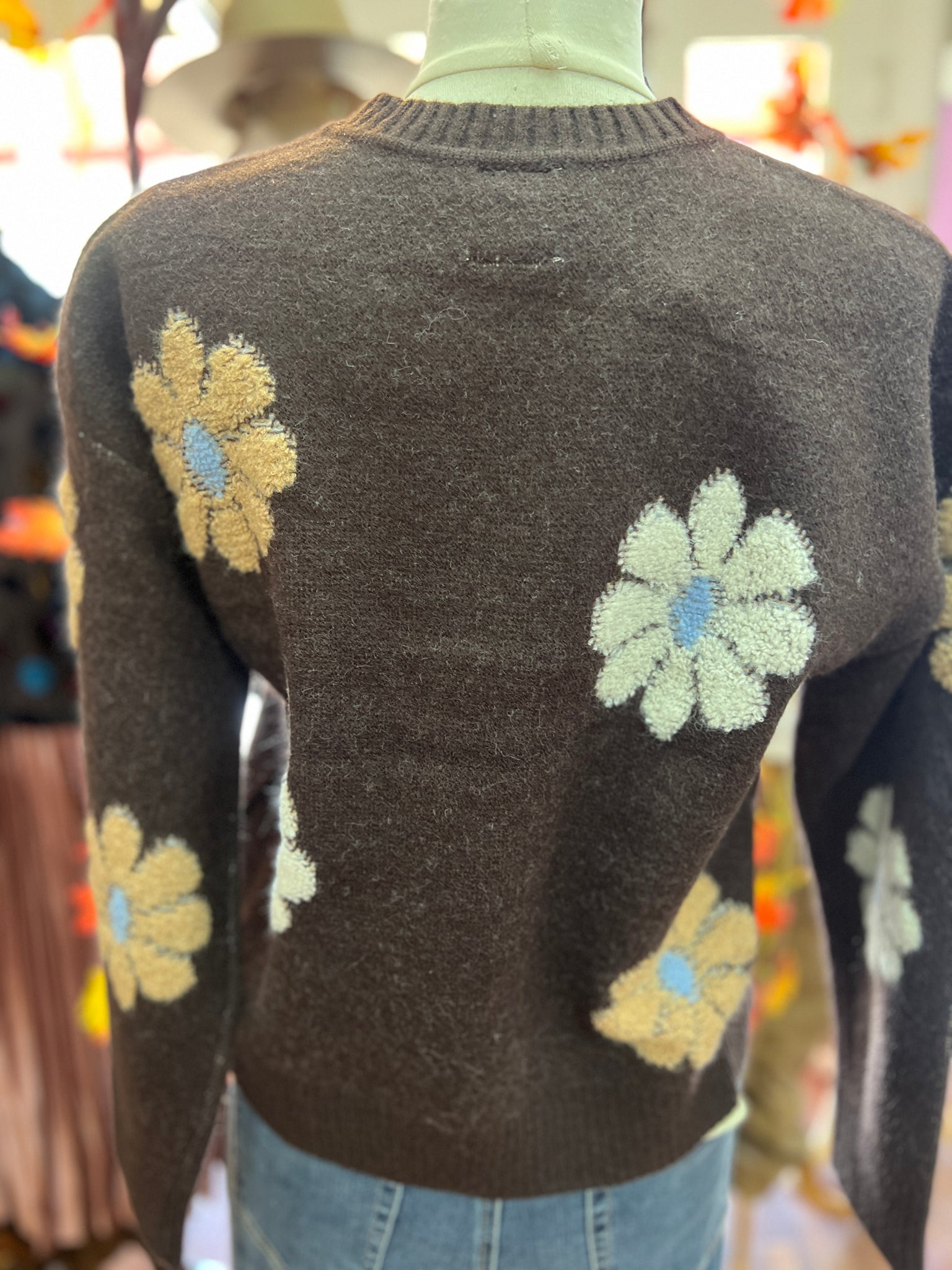RAIN + ROSE- Brown Embroidered Floral Sweater