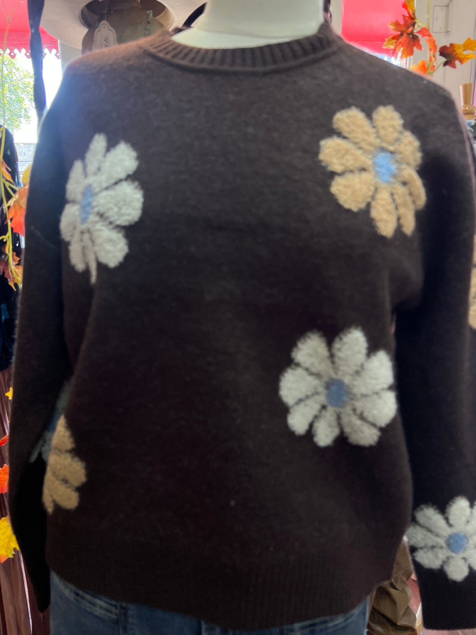 RAIN + ROSE- Brown Embroidered Floral Sweater