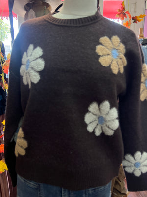 RAIN + ROSE- Brown Embroidered Floral Sweater