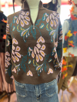 RAIN + ROSE- Brown with Floral Prints Sweater