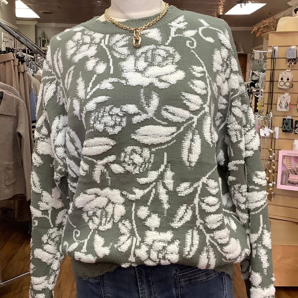 SHE + SKY- Olive Floral Print Sweater