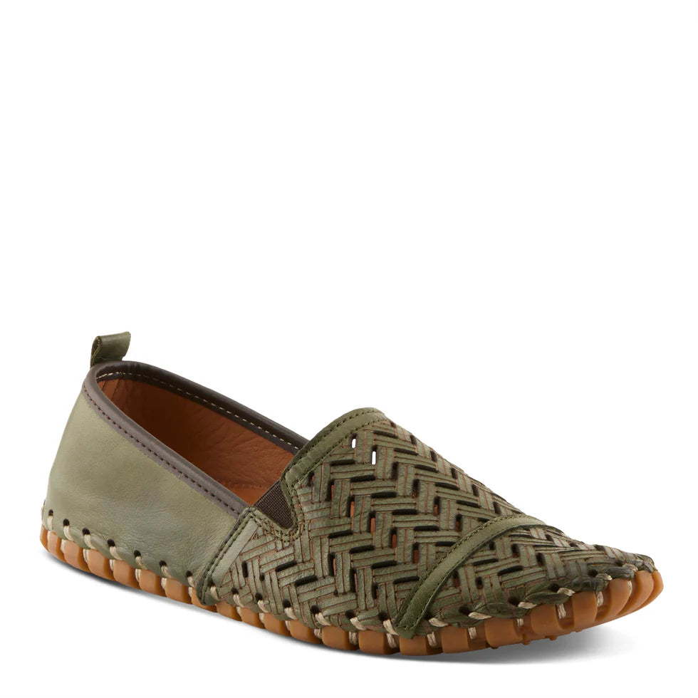SPRING STEP - Olive Green Leather Slip Ons