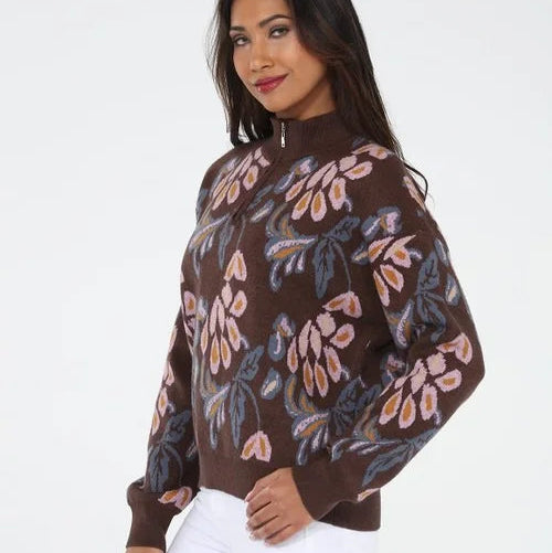 RAIN + ROSE- Brown with Floral Prints Sweater