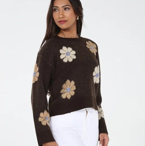 RAIN + ROSE- Brown Embroidered Floral Sweater