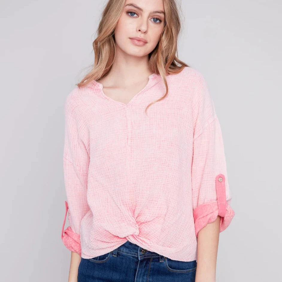 CHARLIE B Bubble Cotton Blouse with Front Twist - Flamingo Pink
