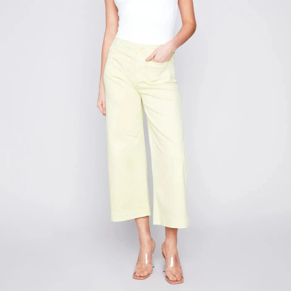 CHARLIE B Cropped Wide Leg Twill Jean Pant - Soft Lime Green